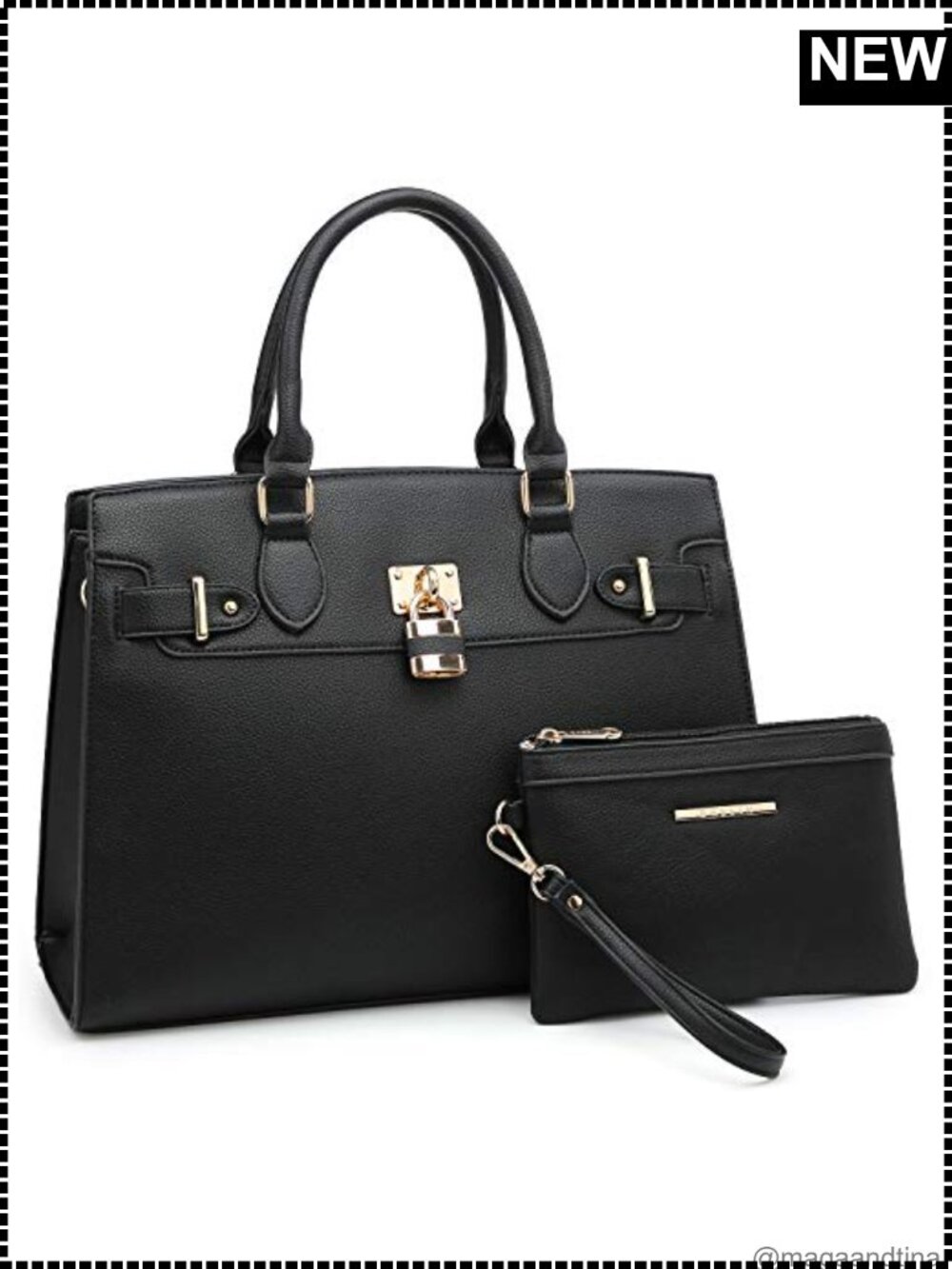 Vegan Leather Satchel Handbag and Clutch Set with Adjustable Strap